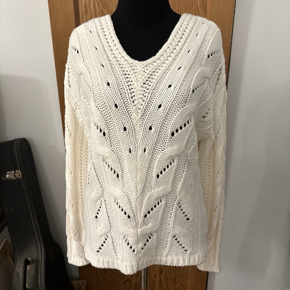 Poof! Cream V-Neck Cable Knit Sweater